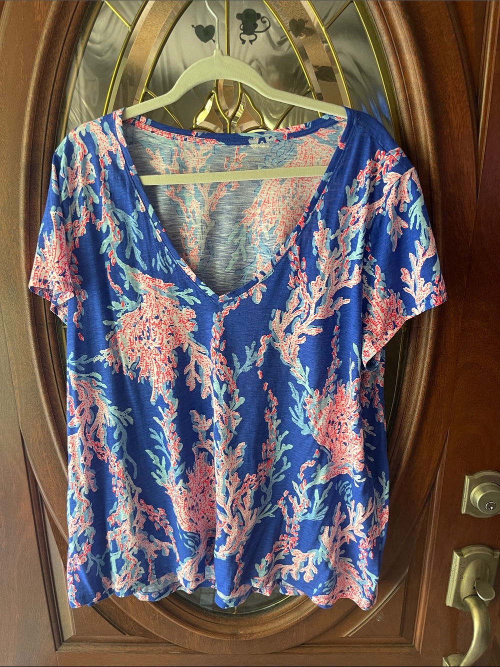Lilly Pulitzer Womens Blue Coral-Print V-Neck Top